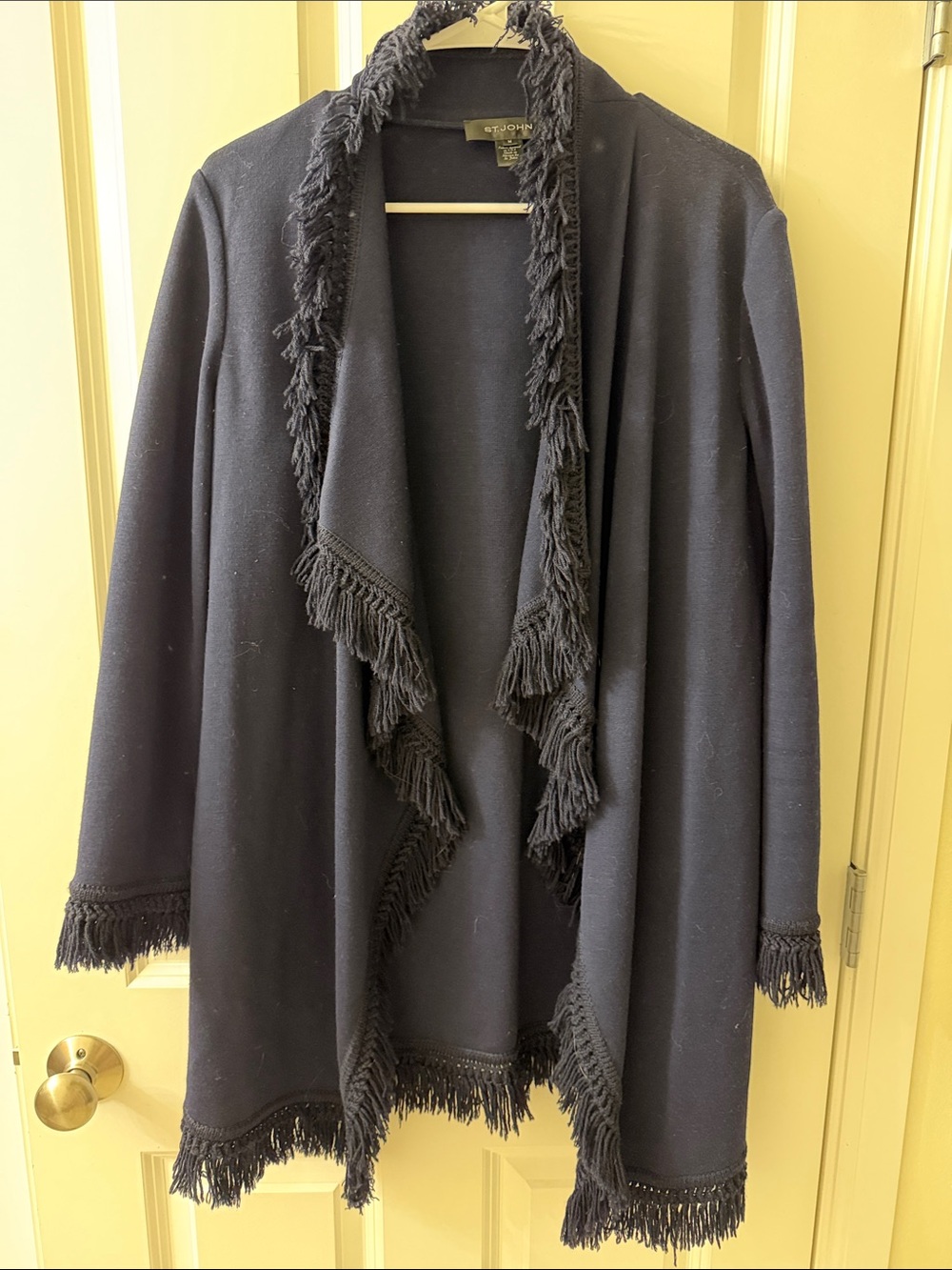 St. John Navy Fringe Open-Front Cardigan